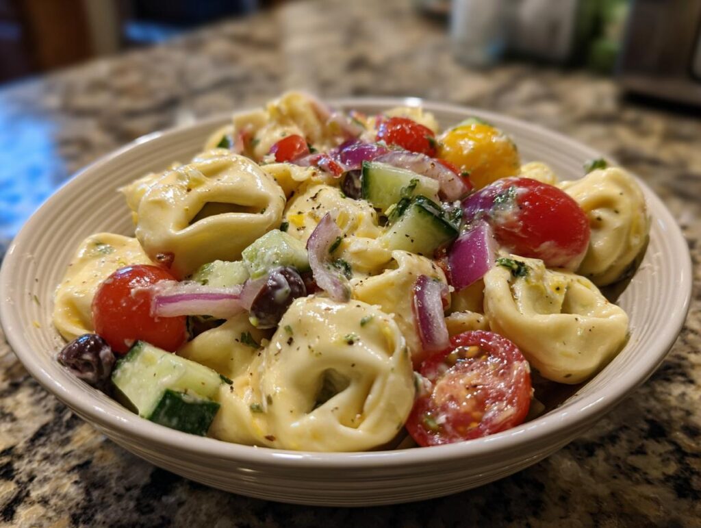 Close-up of a bowl of pasta salad tortellini with tomatoes, cucumbers, and olives.