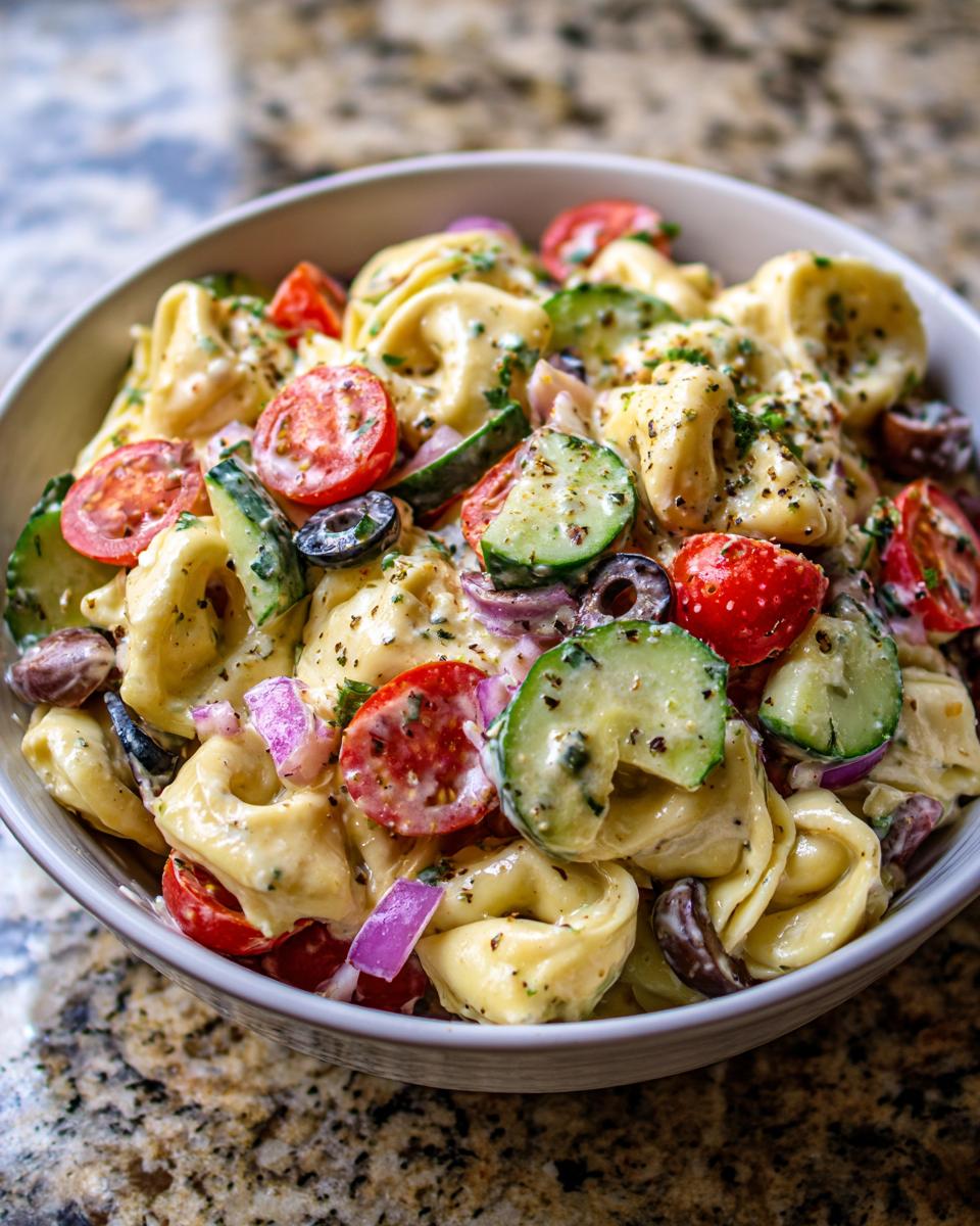 Close-up of a bowl of pasta salad tortellini with tomatoes, cucumbers, and olives.