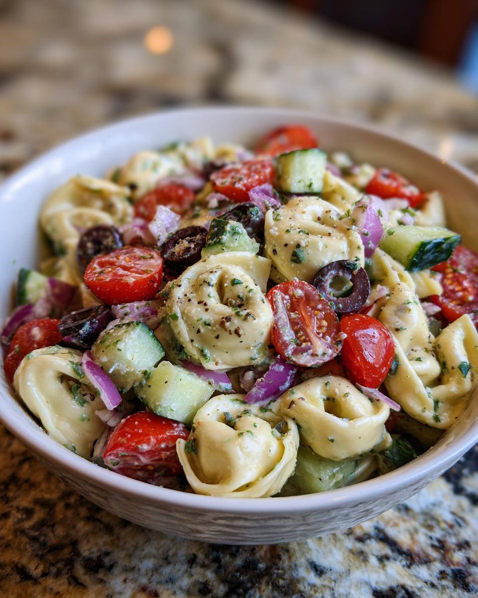 Close-up of a bowl filled with delicious pasta salad tortellini with tomatoes, cucumbers, and olives.