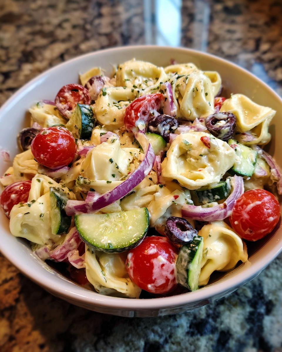 Close-up of a bowl of pasta salad tortellini with tomatoes, cucumbers, olives, and red onion.