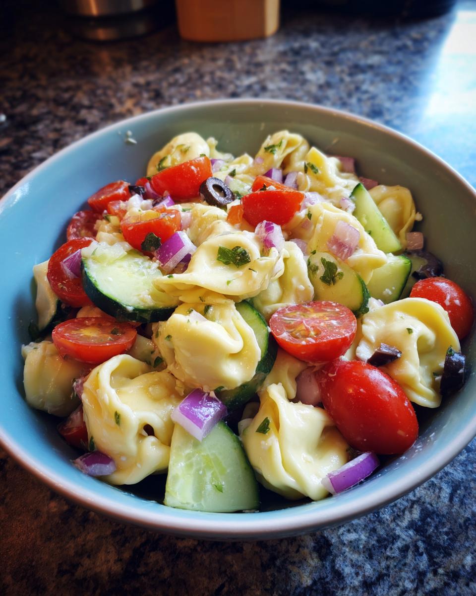 Close-up of a bowl of pasta salad tortellini with tomatoes, cucumber, and red onion.