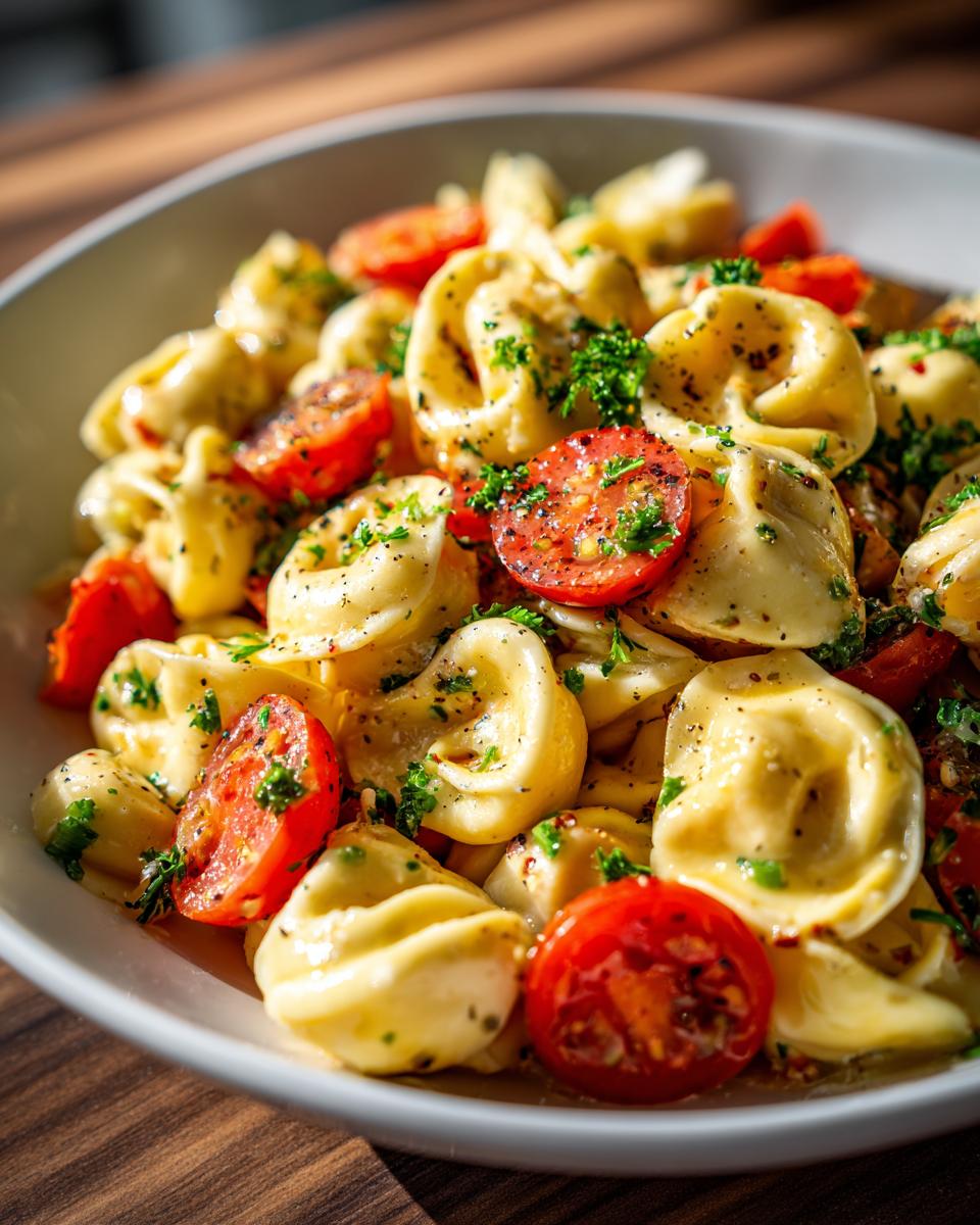 Close-up of pasta salad using cheese tortellini with tomatoes and herbs.