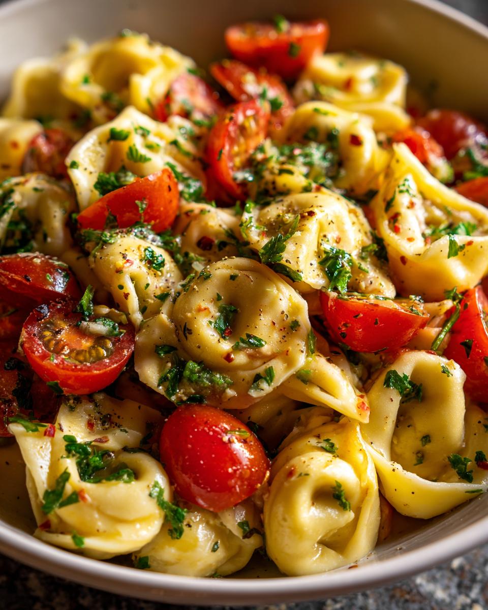 Close-up of pasta salad using cheese tortellini with cherry tomatoes and herbs.