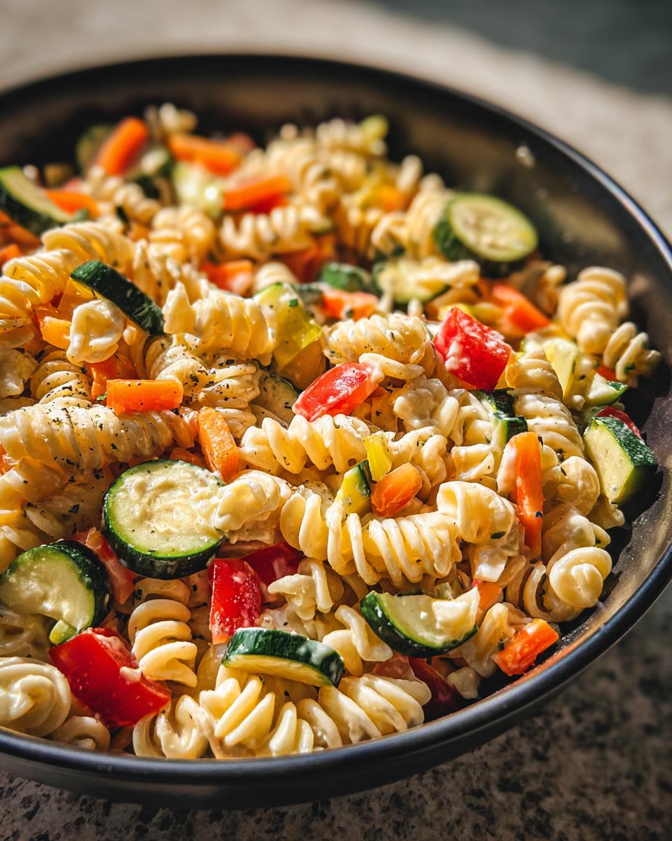 Close-up of a bowl of pasta salad with vegetables. Learn how do you make pasta salad with this recipe!