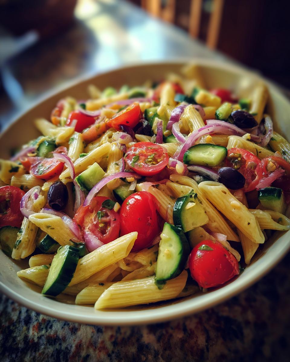Close-up of a bowl of pasta salad with tomatoes, cucumbers, onions, and olives. This is how do you make pasta salad.