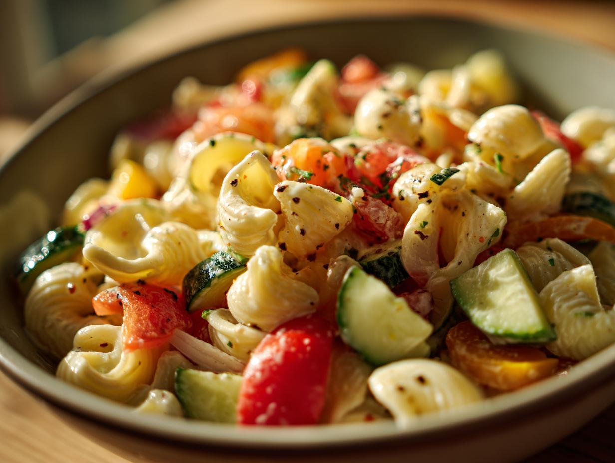 Close-up of a bowl of pasta salad with tomatoes, cucumbers, and pasta. Learn how do you make pasta salad.