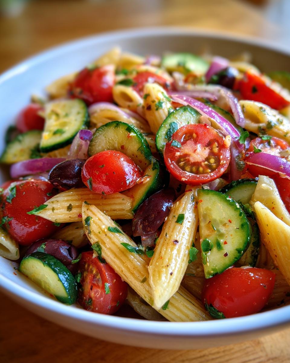 Close-up of a bowl of pasta salad with tomatoes, cucumbers, olives and red onion. How do you make pasta salad?