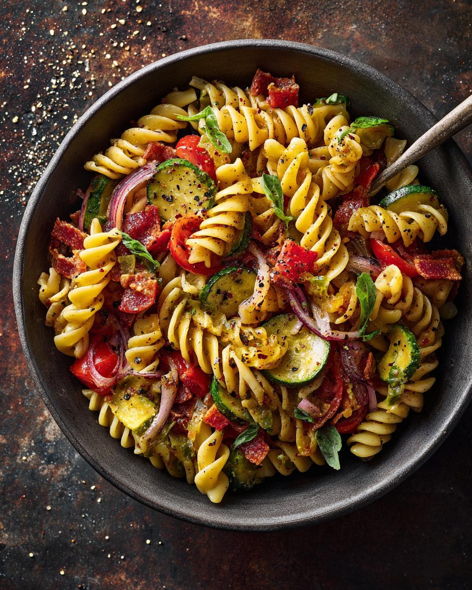 Overhead shot of a vibrant pasta salad with fusilli pasta, tomatoes, zucchini, and red onion. This is how do you make pasta salad.