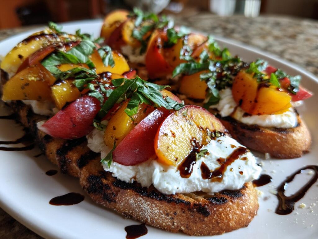 Close-up of Peach Burrata Bruschetta on toasted bread, topped with peaches, burrata cheese, basil, and balsamic glaze.