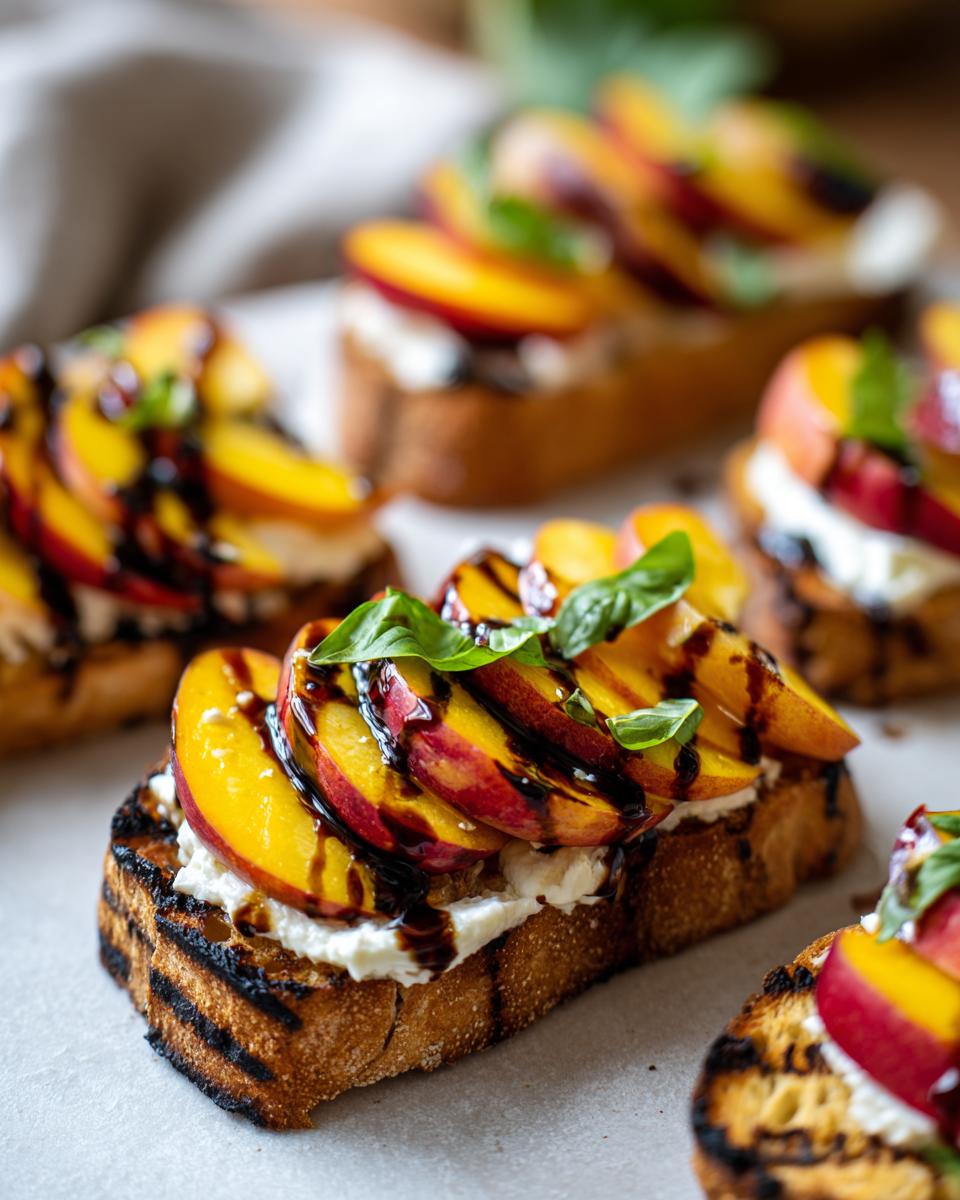 Close-up of Peach Burrata Bruschetta topped with fresh peaches, basil, and balsamic glaze.