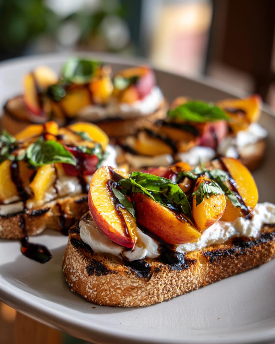 Close-up of Peach Burrata Bruschetta on toasted bread, topped with peaches, burrata, basil, and balsamic glaze.