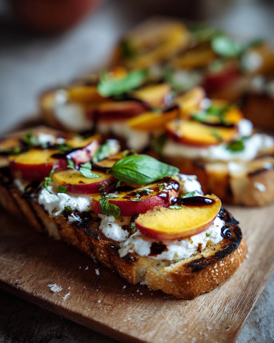 Close-up of Peach Burrata Bruschetta with peaches, burrata, basil, and balsamic glaze on toasted bread.