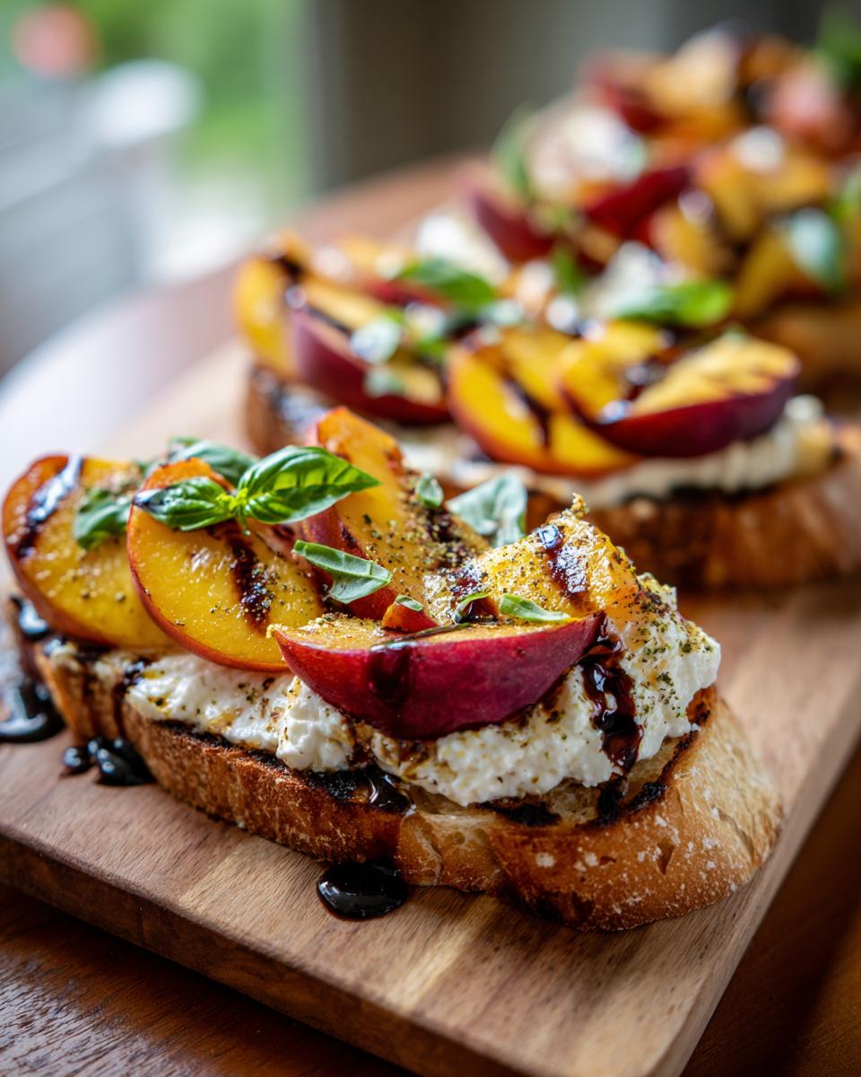 Close-up of Peach Burrata Bruschetta on a wooden board, with peaches, burrata cheese, and balsamic glaze.