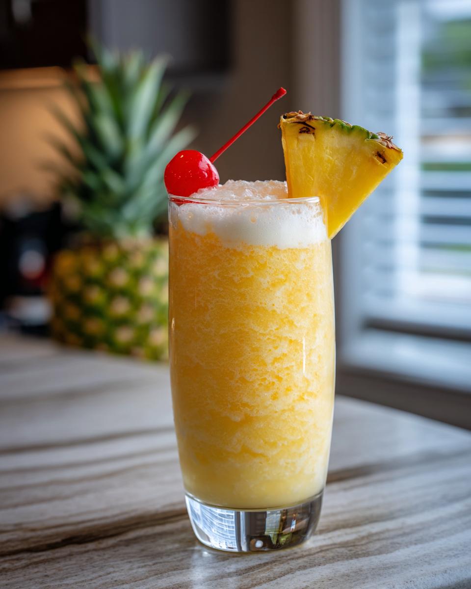 A tall glass of a Perfect Piña Colada cocktail, garnished with a cherry and pineapple wedge.
