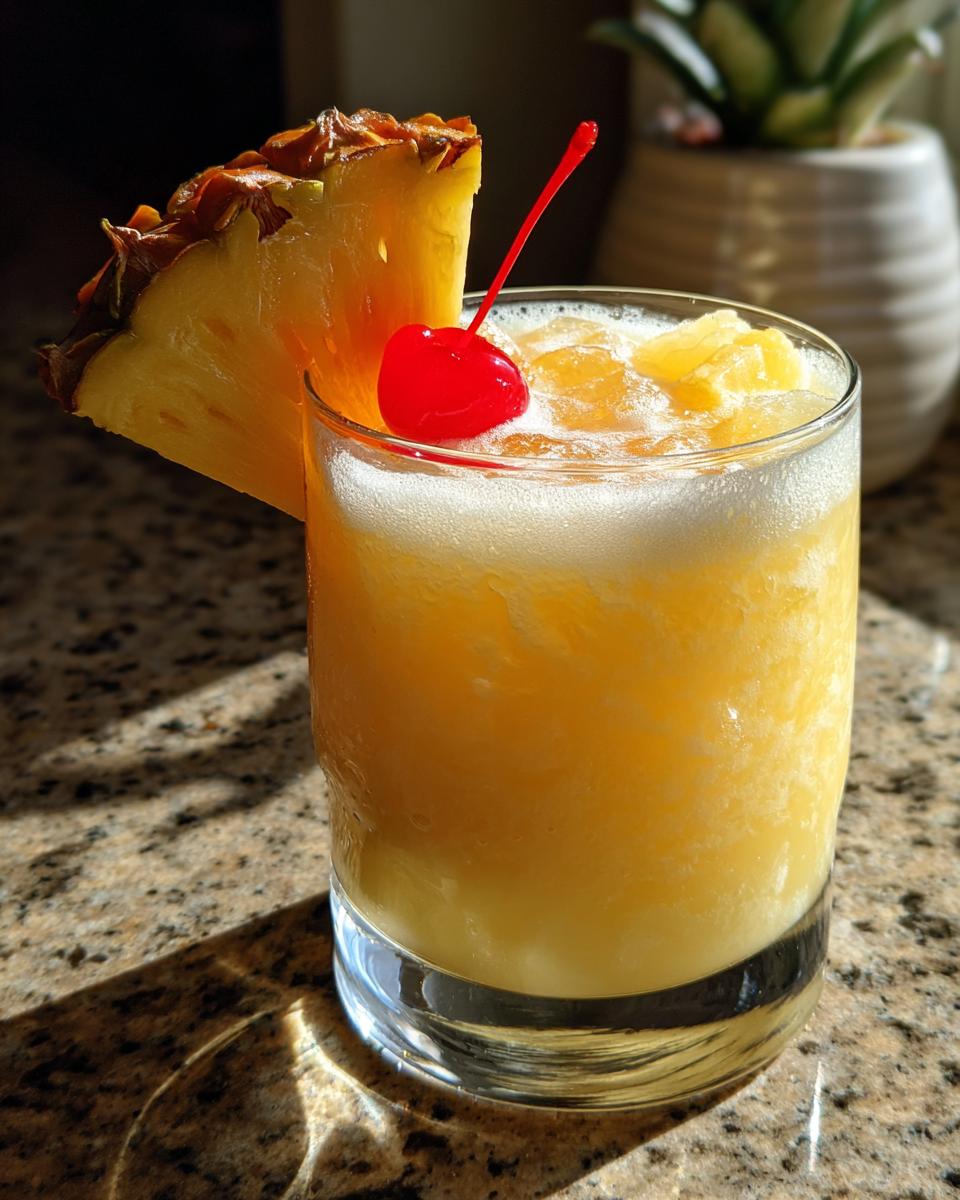 A Perfect Piña Colada cocktail in a glass, garnished with pineapple and a cherry.