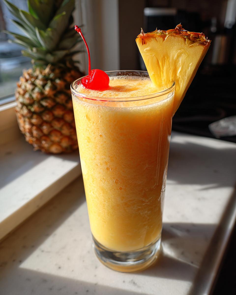 A tall glass of a Perfect Piña Colada, garnished with a pineapple slice and cherry.