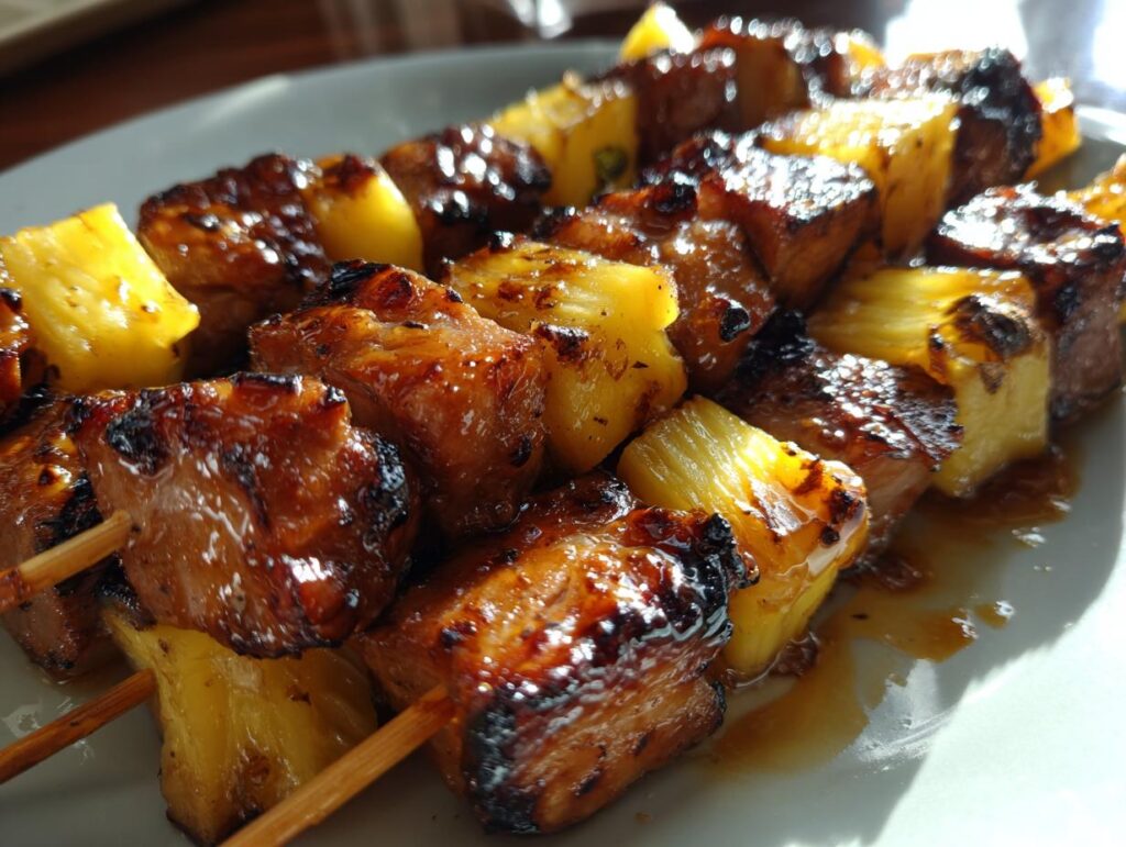 Close-up of delicious Pineapple BBQ Pork Skewers, grilled to perfection.