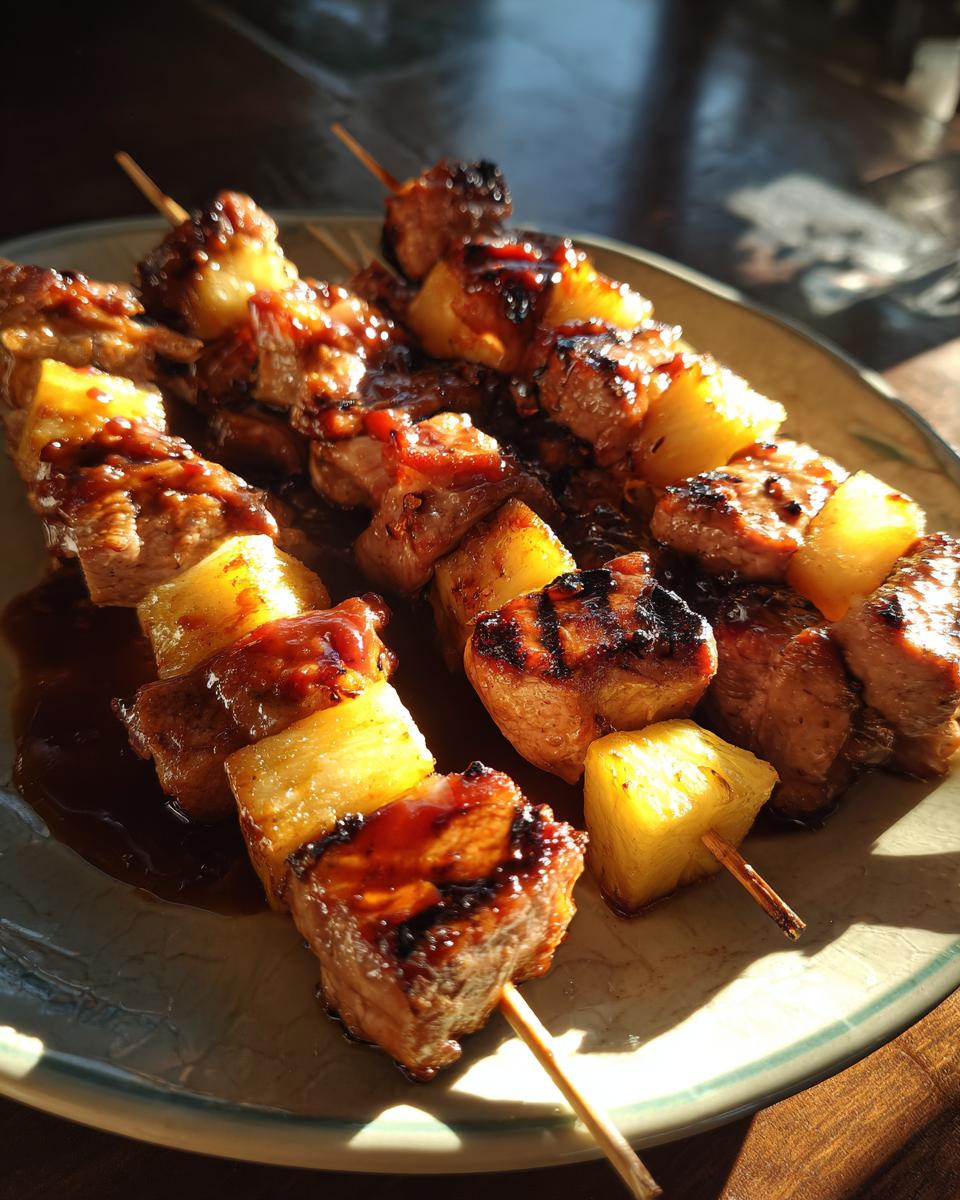 Close-up of delicious Pineapple BBQ Pork Skewers on a plate, ready to eat.