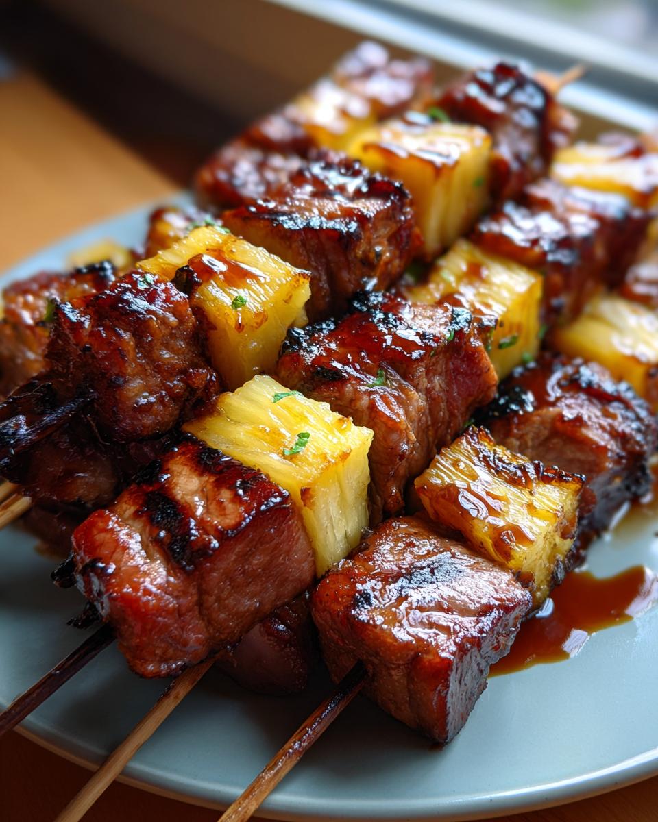Close-up of delicious Pineapple BBQ Pork Skewers, grilled to perfection.