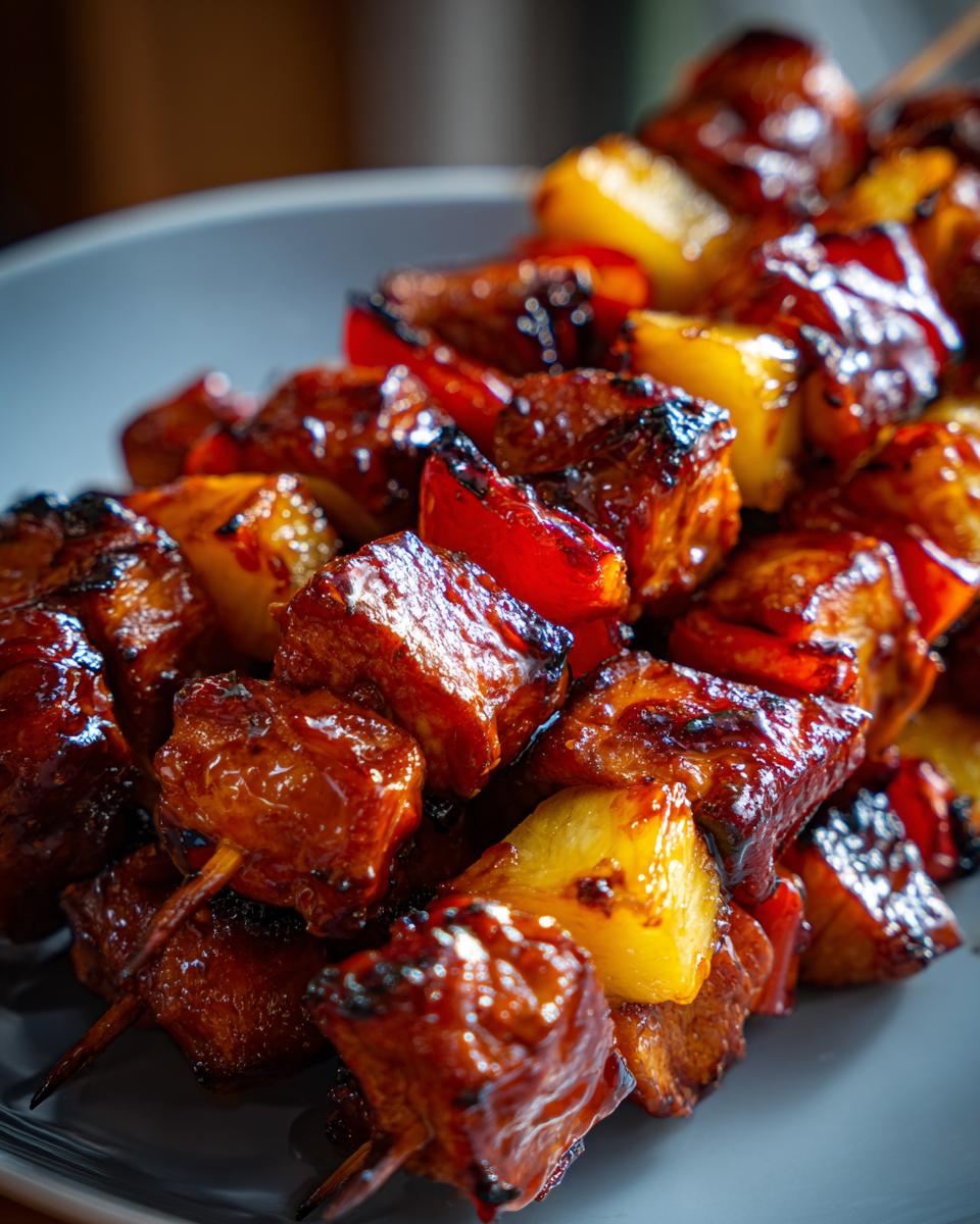 Close-up of delicious Pineapple BBQ Pork Skewers on a plate, showing grilled pork, pineapple, and red bell peppers.