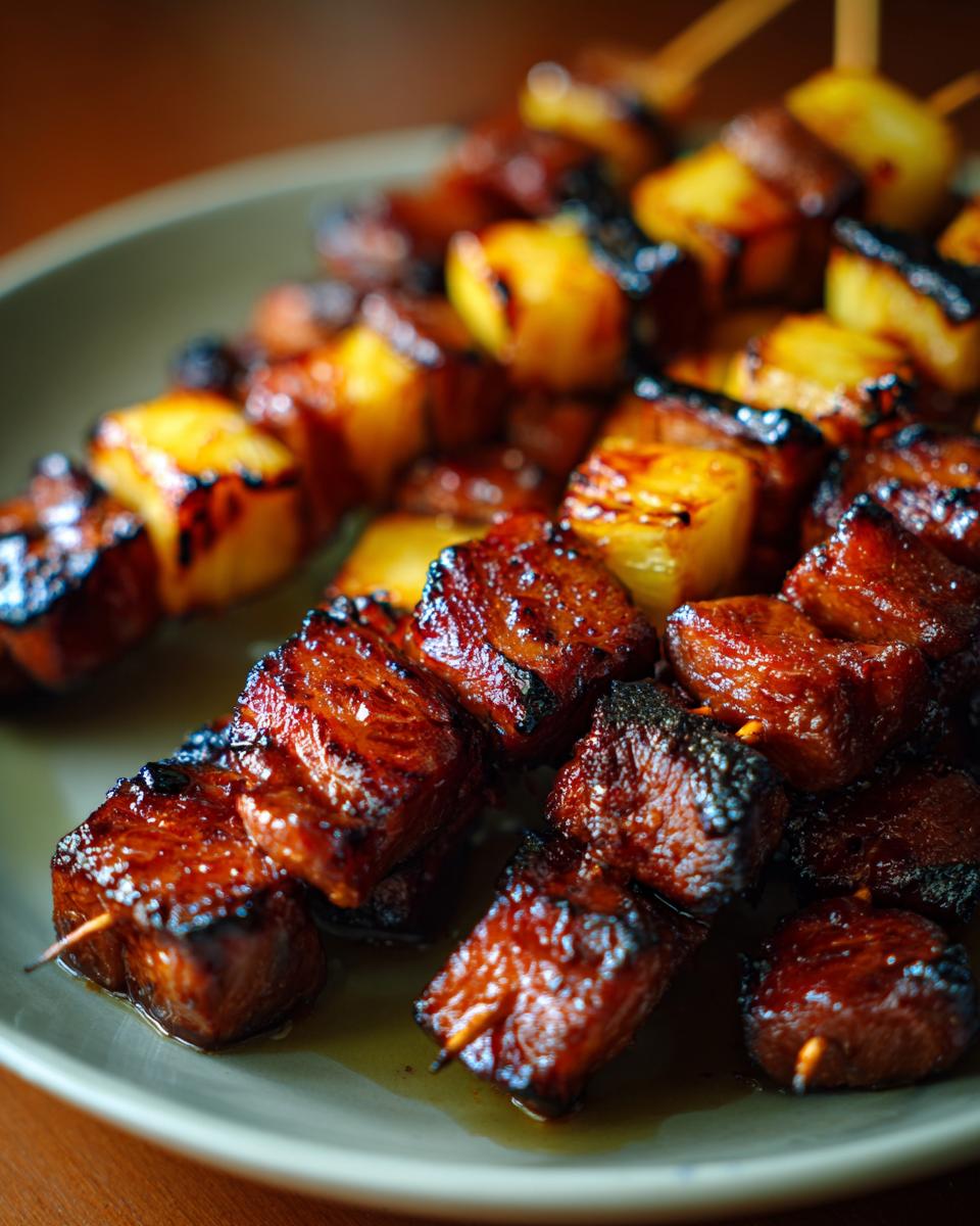 Close-up of grilled Pineapple BBQ Pork Skewers on a plate, showcasing juicy pork and pineapple chunks.