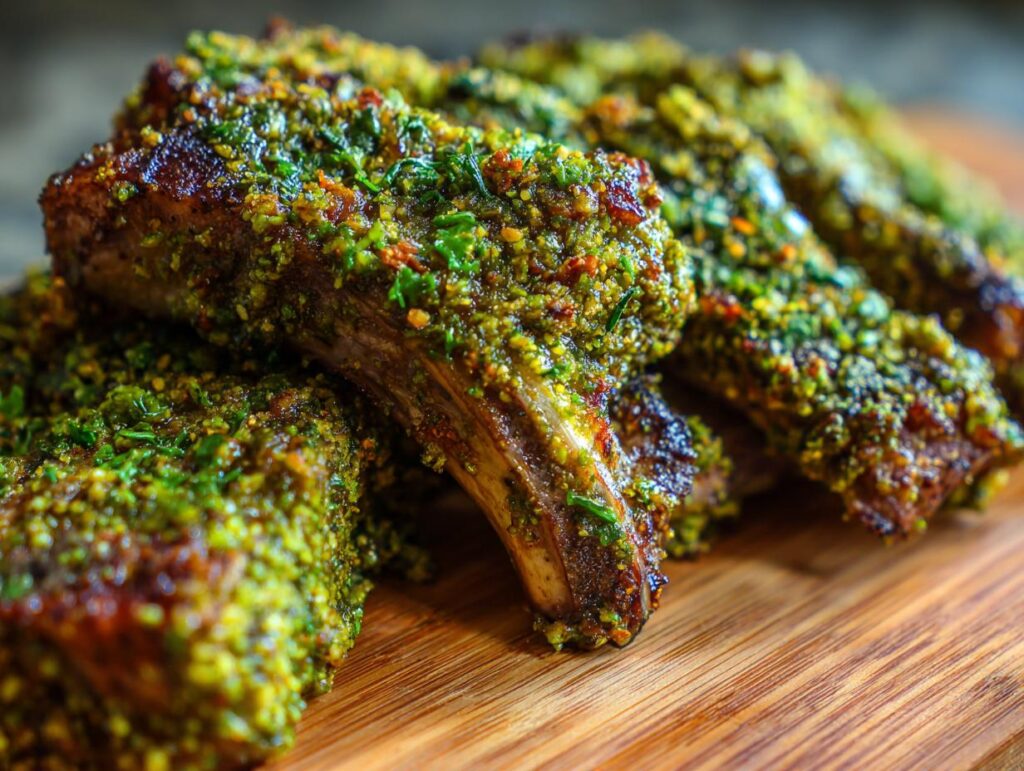 Close-up of perfectly cooked Pistachio Crusted Lamb Chops, showing the pistachio crust and tender meat.