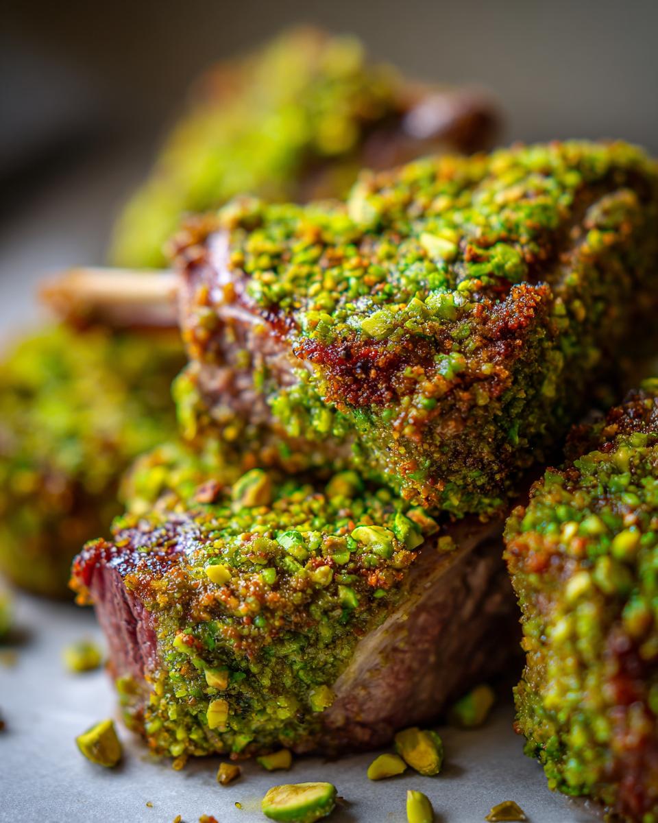 Close-up of perfectly cooked Pistachio Crusted Lamb Chops, showing the pistachio crust.