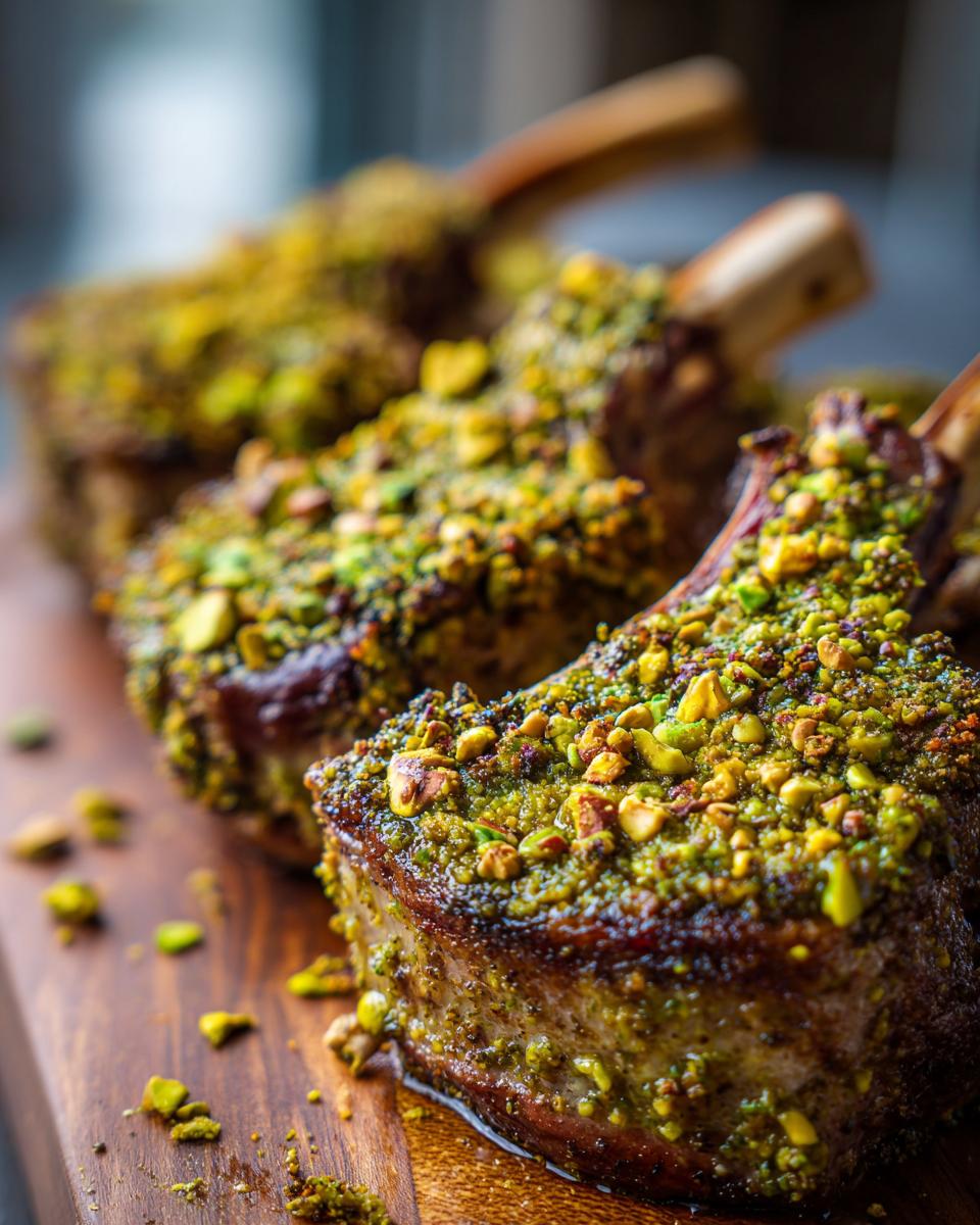Close-up of three Pistachio Crusted Lamb Chops on a wooden board, showing the pistachio crust.