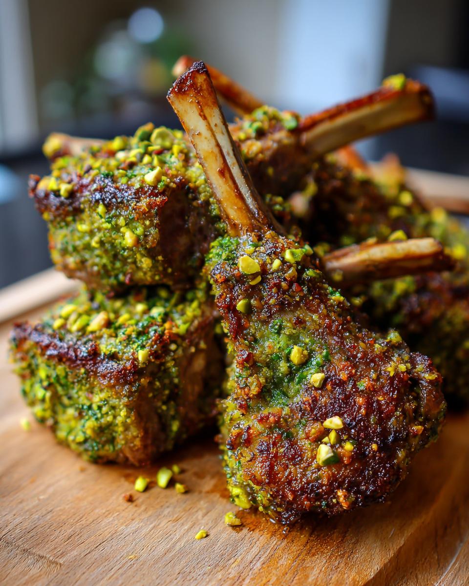 Close-up of perfectly cooked Pistachio Crusted Lamb Chops, showing the pistachio crust and meat.