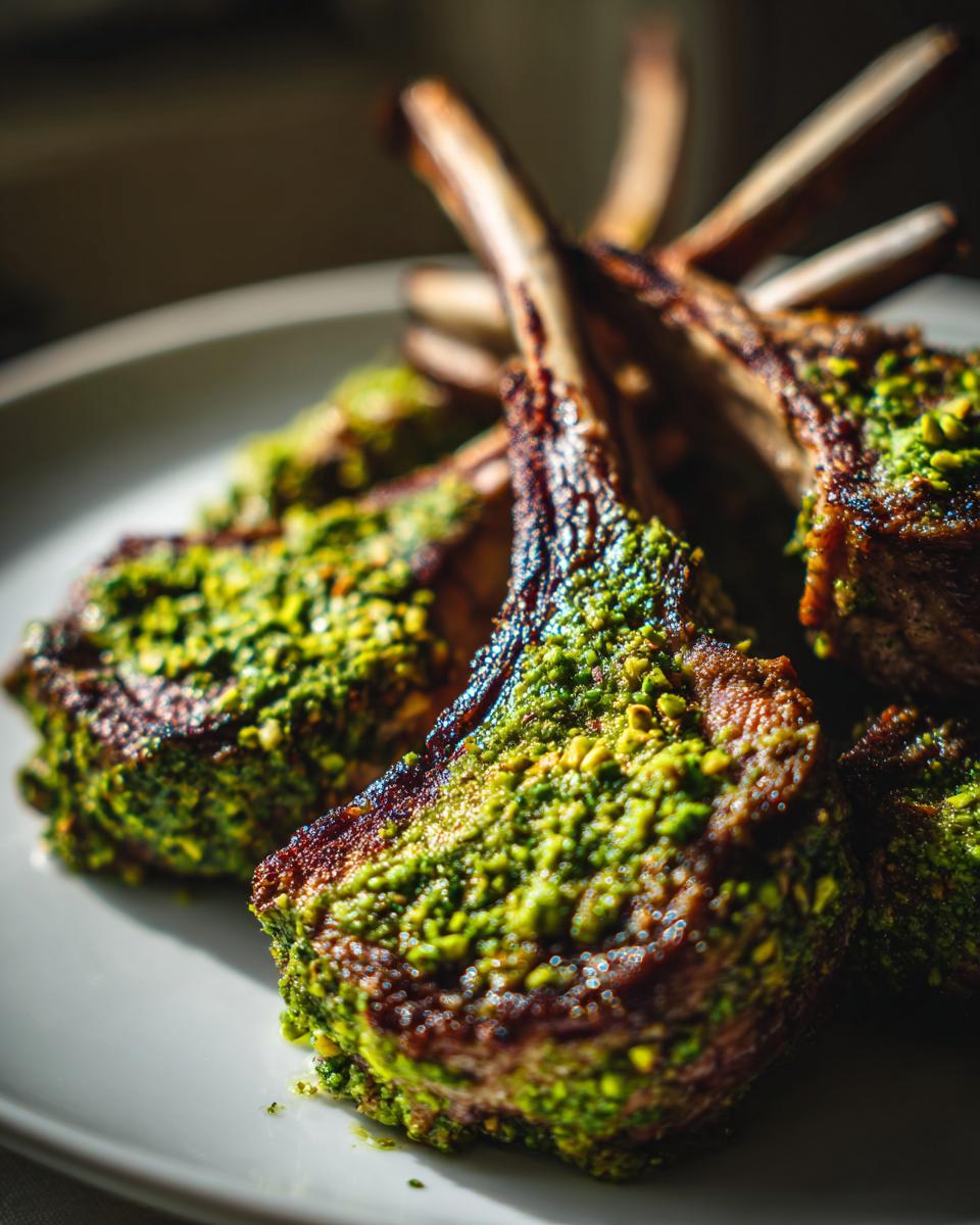 Close-up of beautifully cooked Pistachio Crusted Lamb Chops on a white plate, showcasing the pistachio crust.