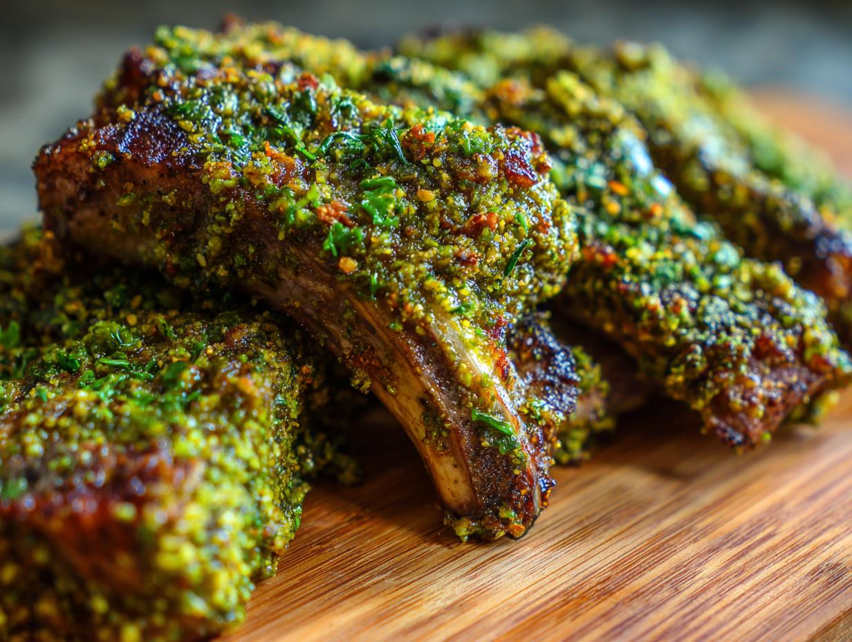 Close-up of perfectly cooked Pistachio Crusted Lamb Chops, showing the pistachio crust and tender meat.