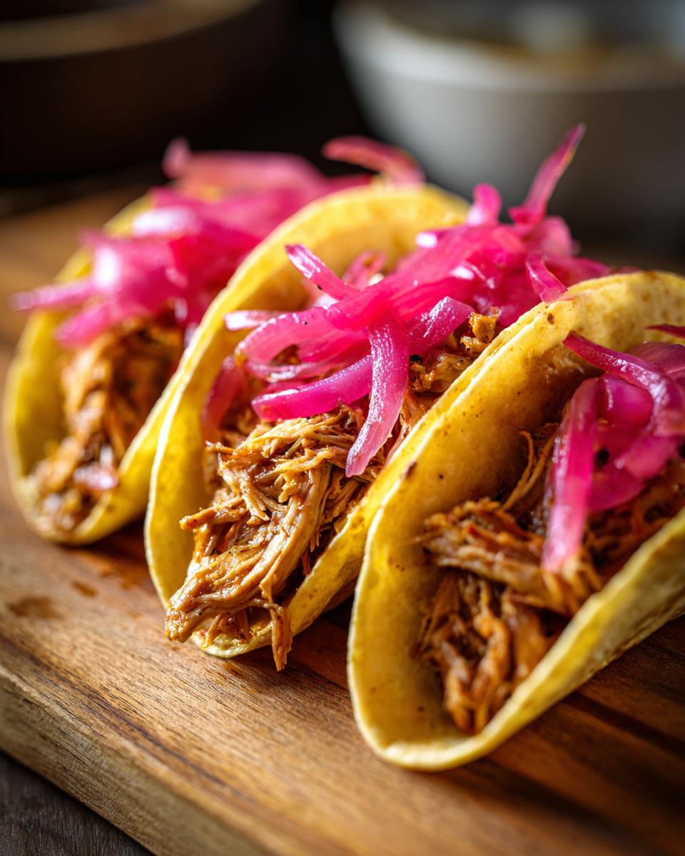 Three Pulled Chicken Tacos with Pickled Red Onion on a wooden board.