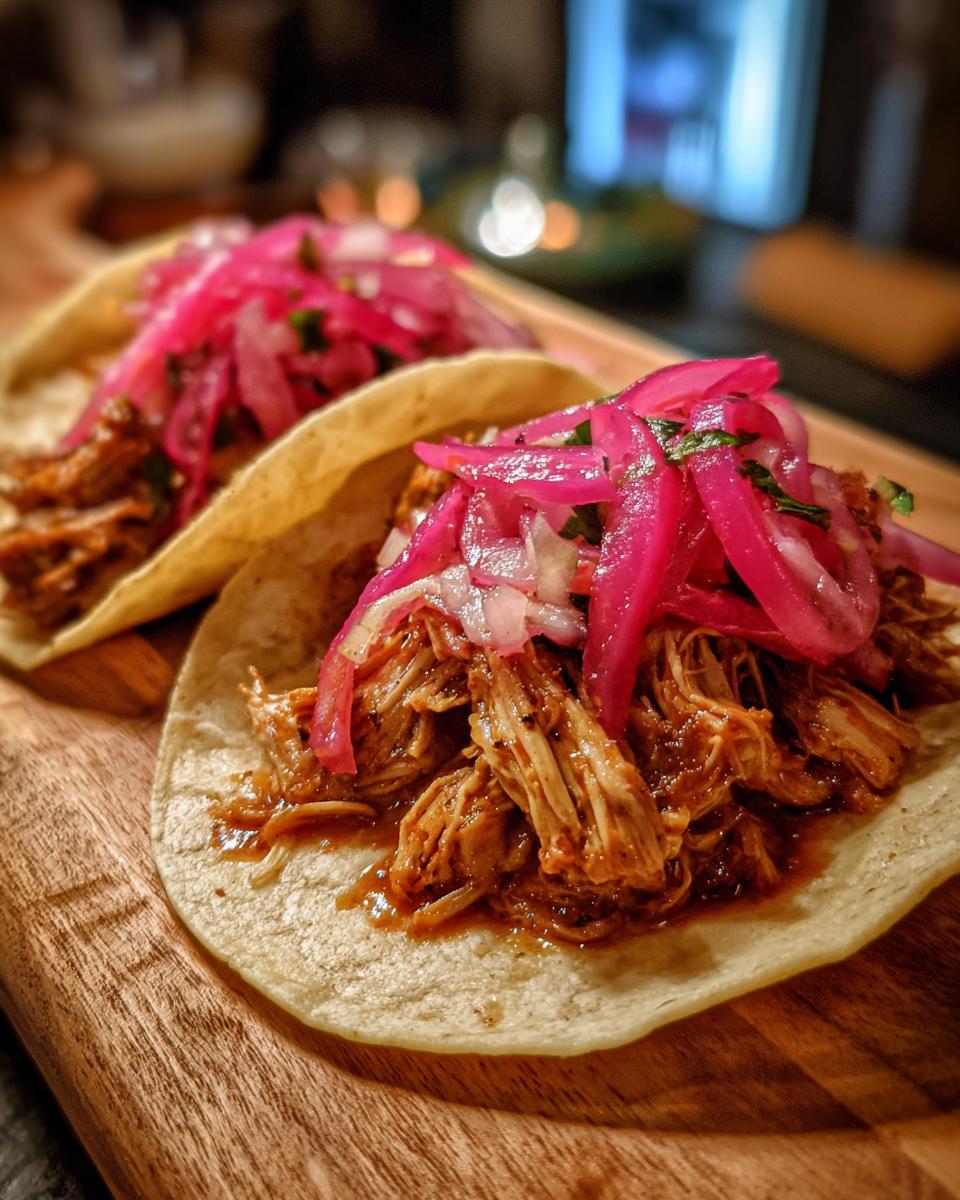 Close-up of two Pulled Chicken Tacos with Pickled Red Onion on a wooden board.