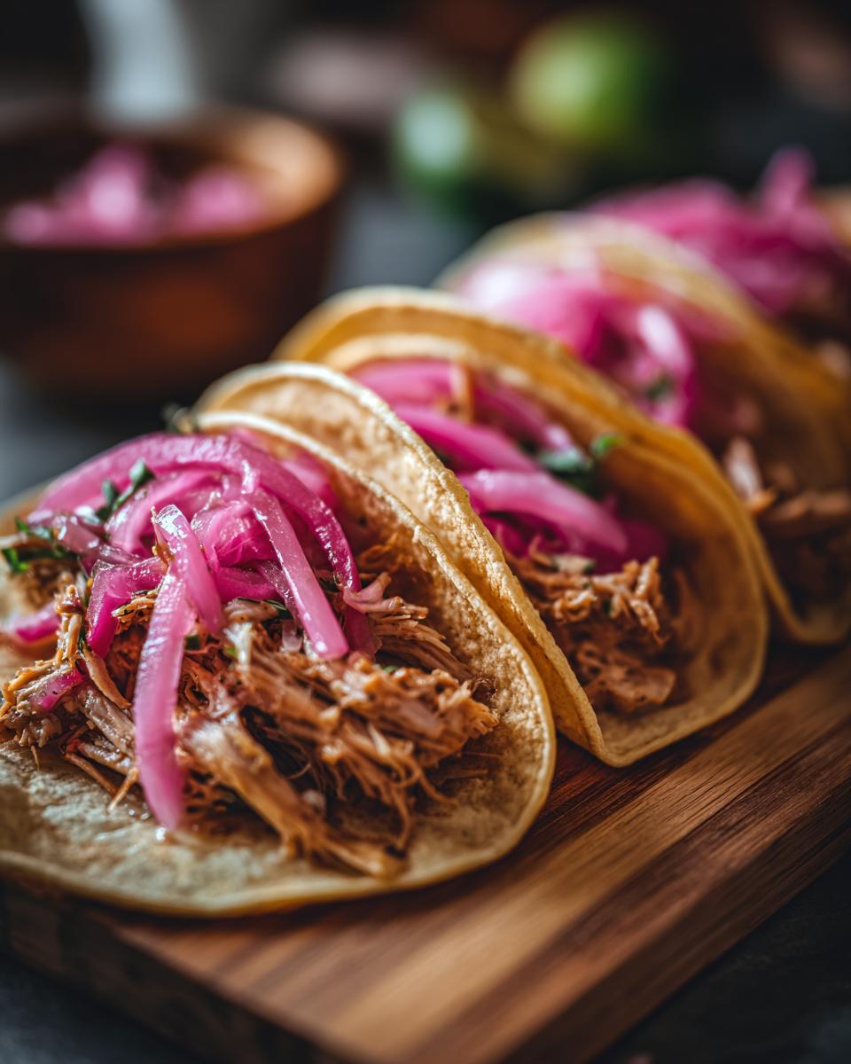 Close-up of Pulled Chicken Tacos with Pickled Red Onion on a wooden board. The perfect Pulled Chicken Tacos!