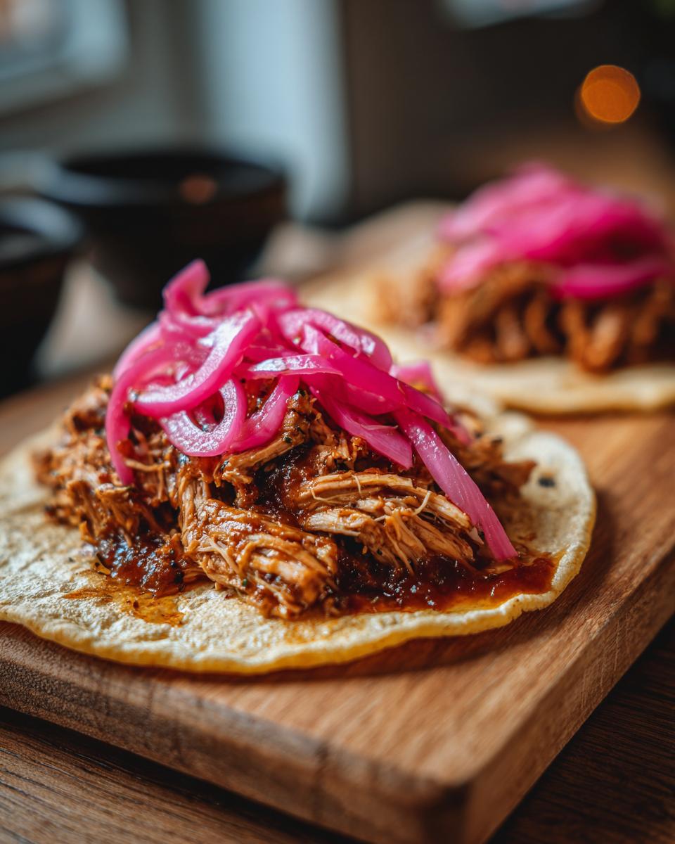 Close-up of a Pulled Chicken Taco topped with pickled red onion on a wooden board. The primary keyword is Pulled Chicken Tacos with Pickled Red Onion.