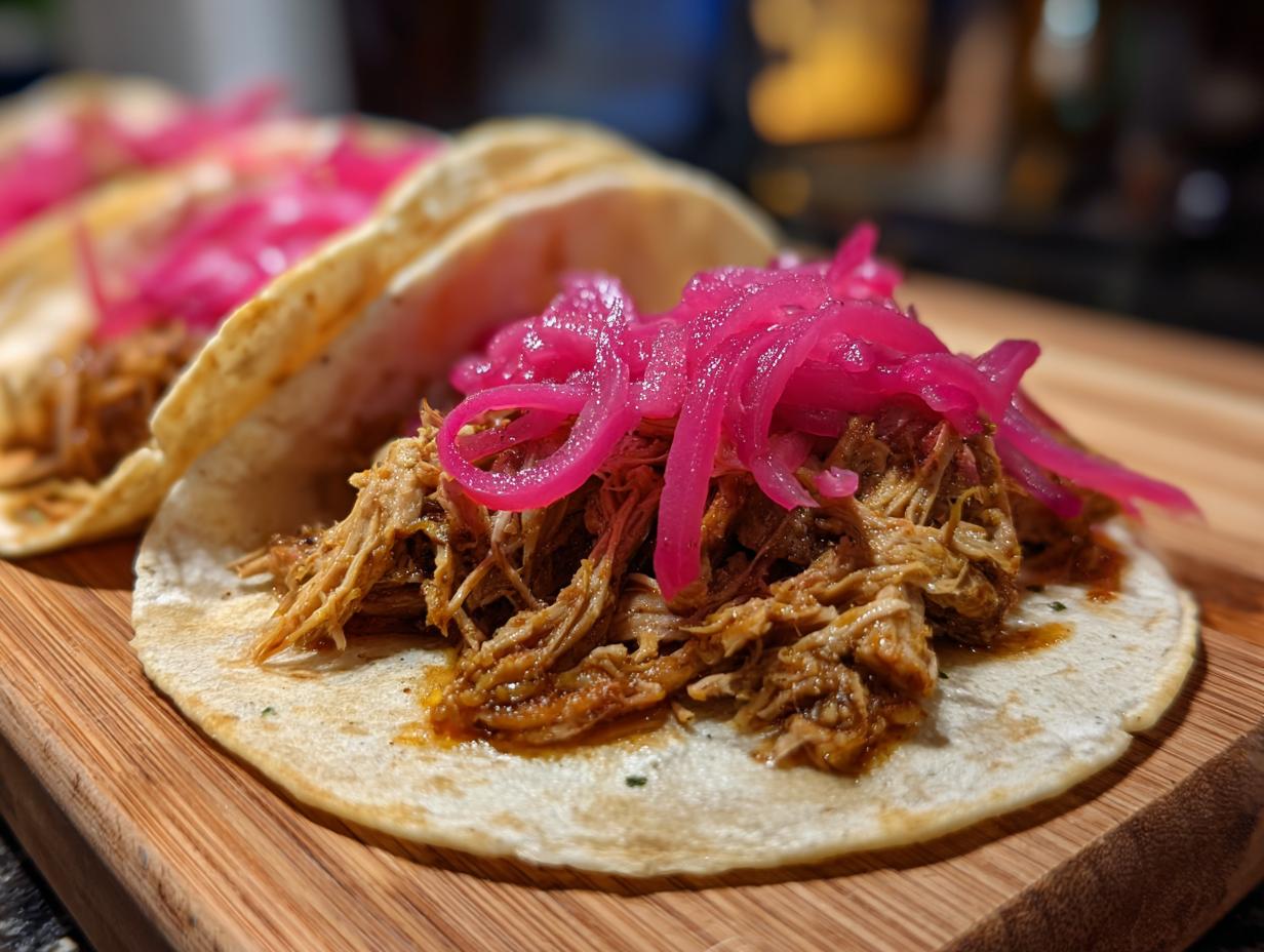 Close-up of Pulled Chicken Tacos with Pickled Red Onion on a wooden board.