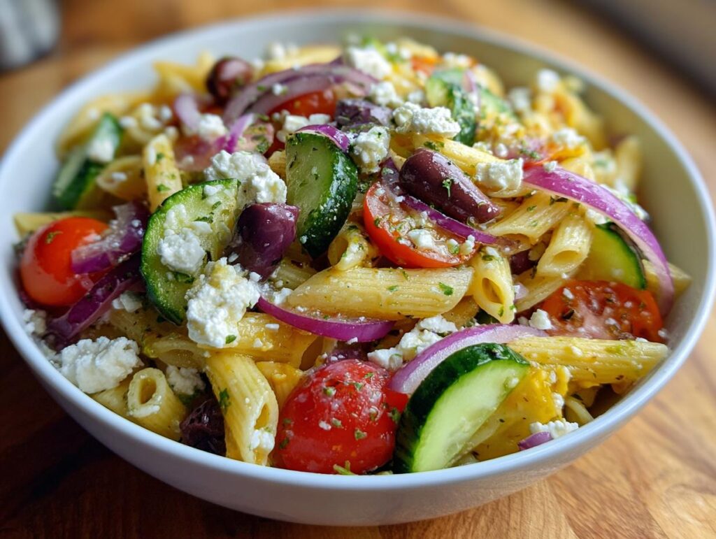 Close-up of a bowl of quick Mediterranean pasta salad with tomatoes, olives, feta, and cucumber.
