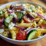 Close-up of a bowl of quick Mediterranean pasta salad with tomatoes, olives, feta, and cucumber.