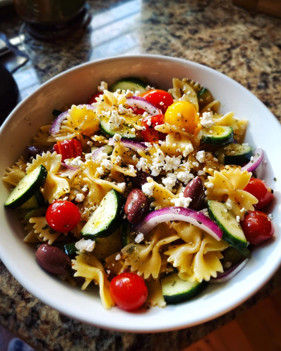 A bowl of delicious quick Mediterranean pasta salad with tomatoes, olives, cucumbers, and feta.