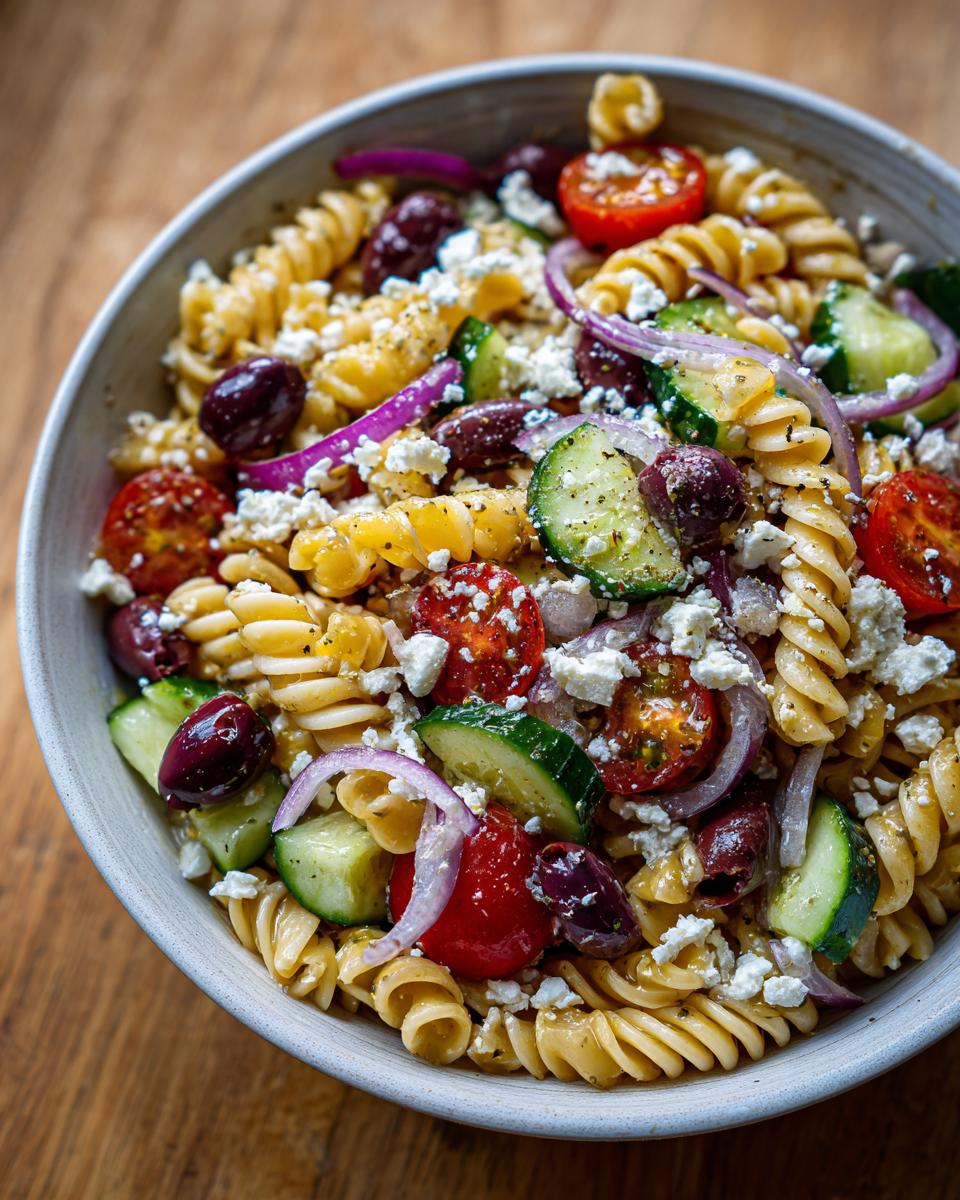 A vibrant bowl of quick Mediterranean pasta salad with tomatoes, olives, feta, and cucumbers. Includes the primary keyword: quick mediterranean pasta salad.