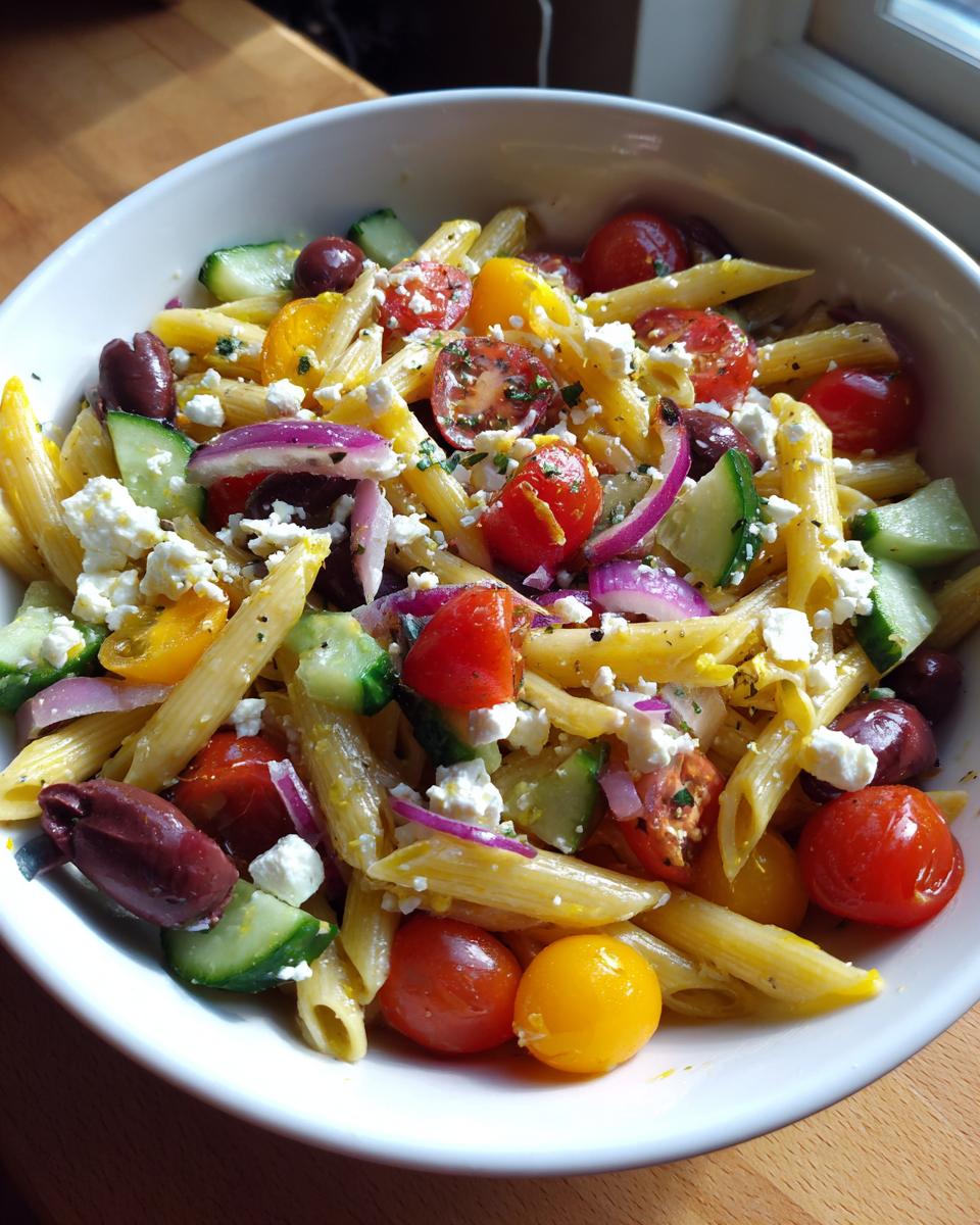 A bowl of delicious quick Mediterranean pasta salad with tomatoes, olives, cucumbers, and feta.