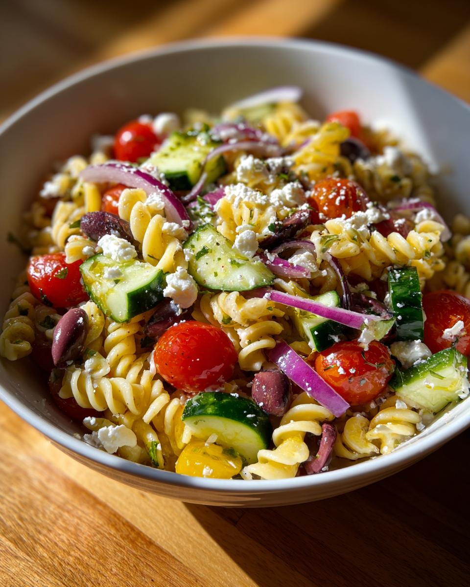 Close-up of a bowl of quick mediterranean pasta salad with tomatoes, cucumbers, olives, and feta.