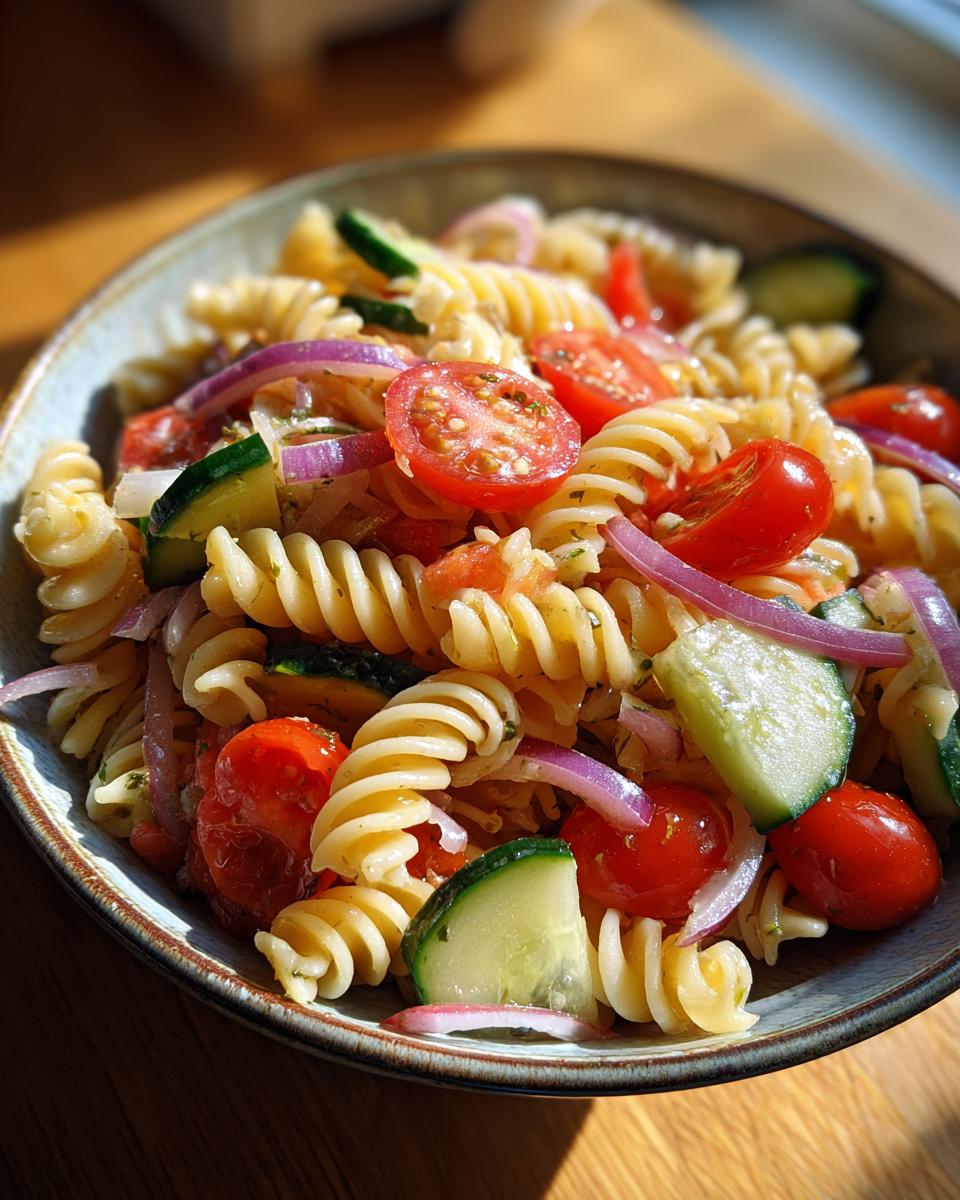 Close-up of a bowl of quick simple pasta salad with tomatoes, cucumber, and red onion.