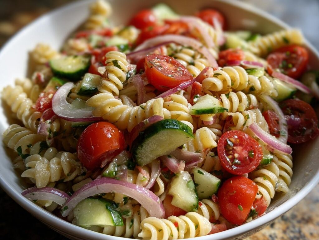 Close-up of a quick simple pasta salad with tomatoes, cucumbers, and red onion.