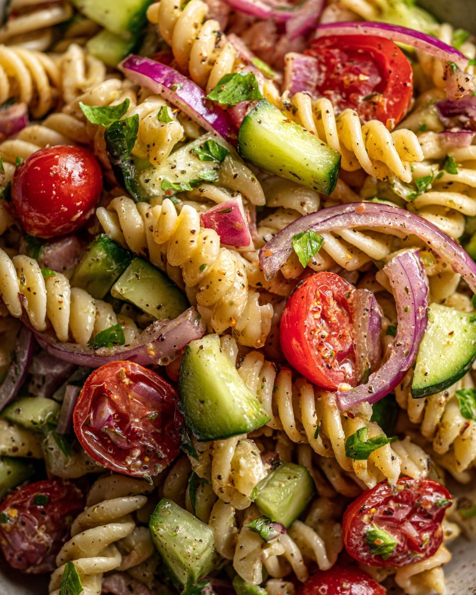 Close-up of a quick simple pasta salad with tomatoes, cucumber, red onion, and herbs.