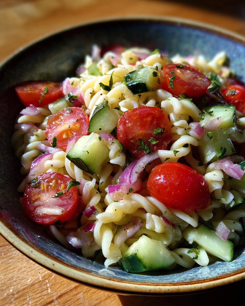 Close-up of a bowl of quick simple pasta salad with tomatoes, cucumber, and red onion.