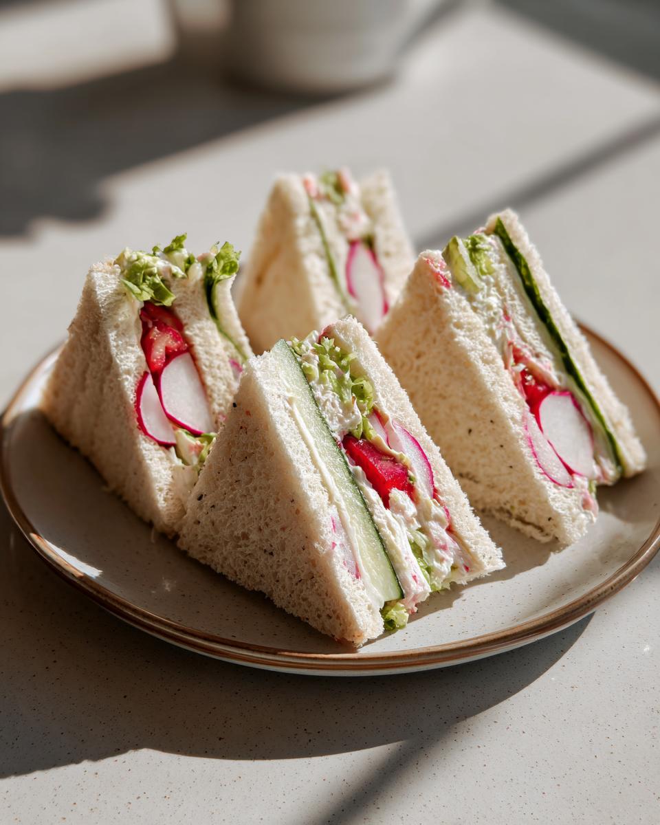 Close-up of four triangle-shaped Radish & Butter Tea Sandwiches on a plate, with radish slices visible.