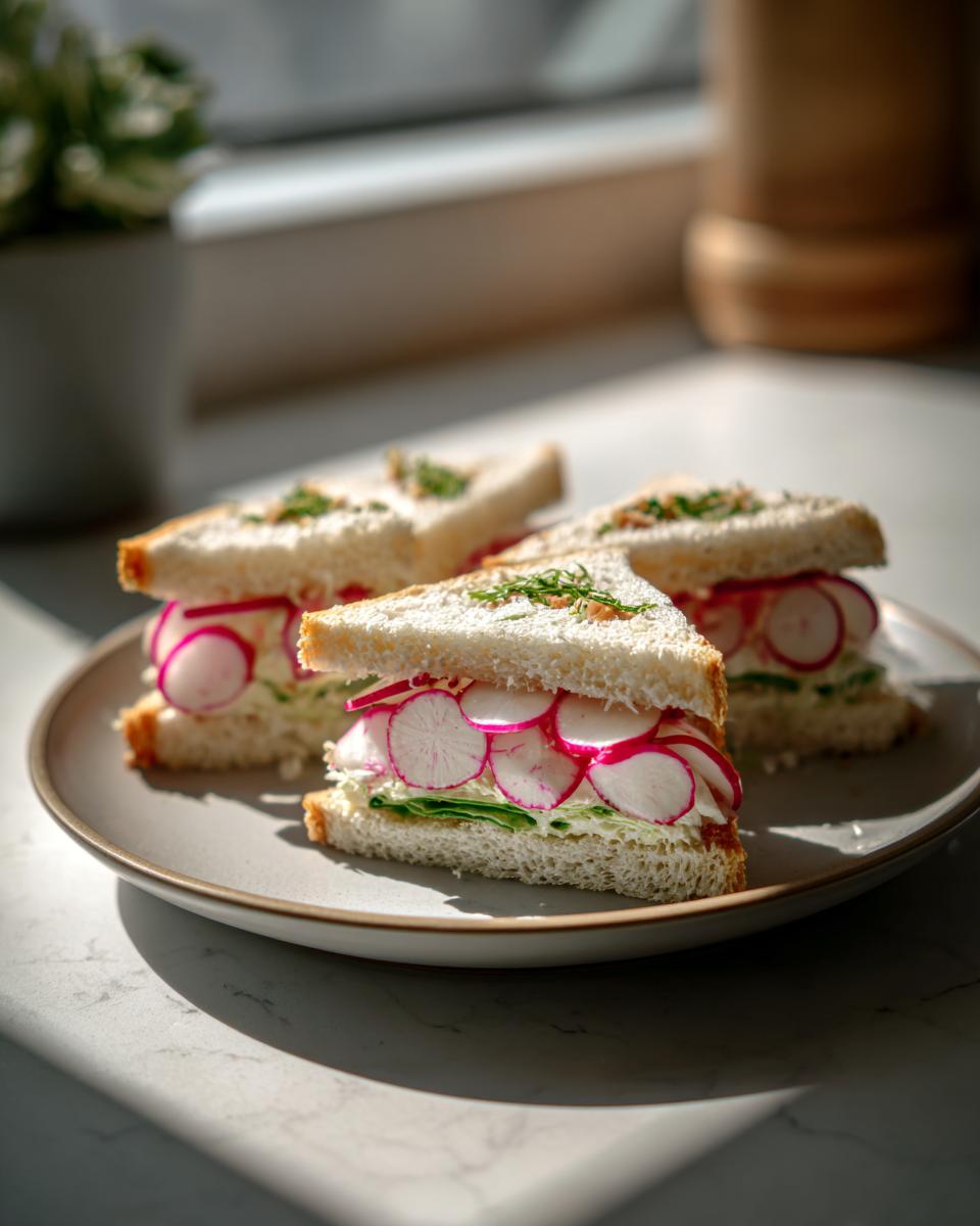 Close-up of Radish & Butter Tea Sandwiches on a plate, featuring sliced radishes and fresh herbs.