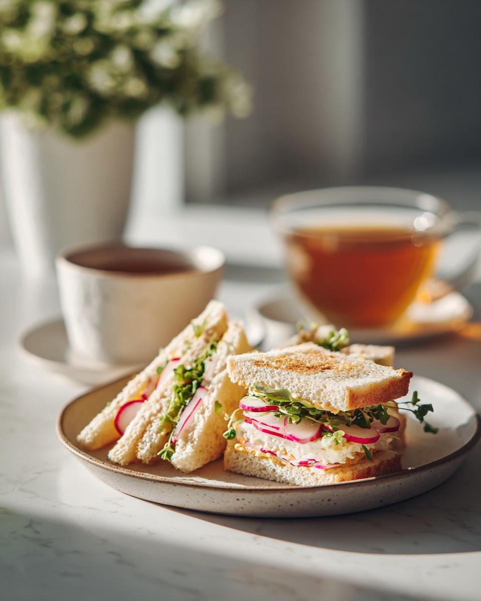 Close-up of Radish & Butter Tea Sandwiches on a plate, with tea cups in background.
