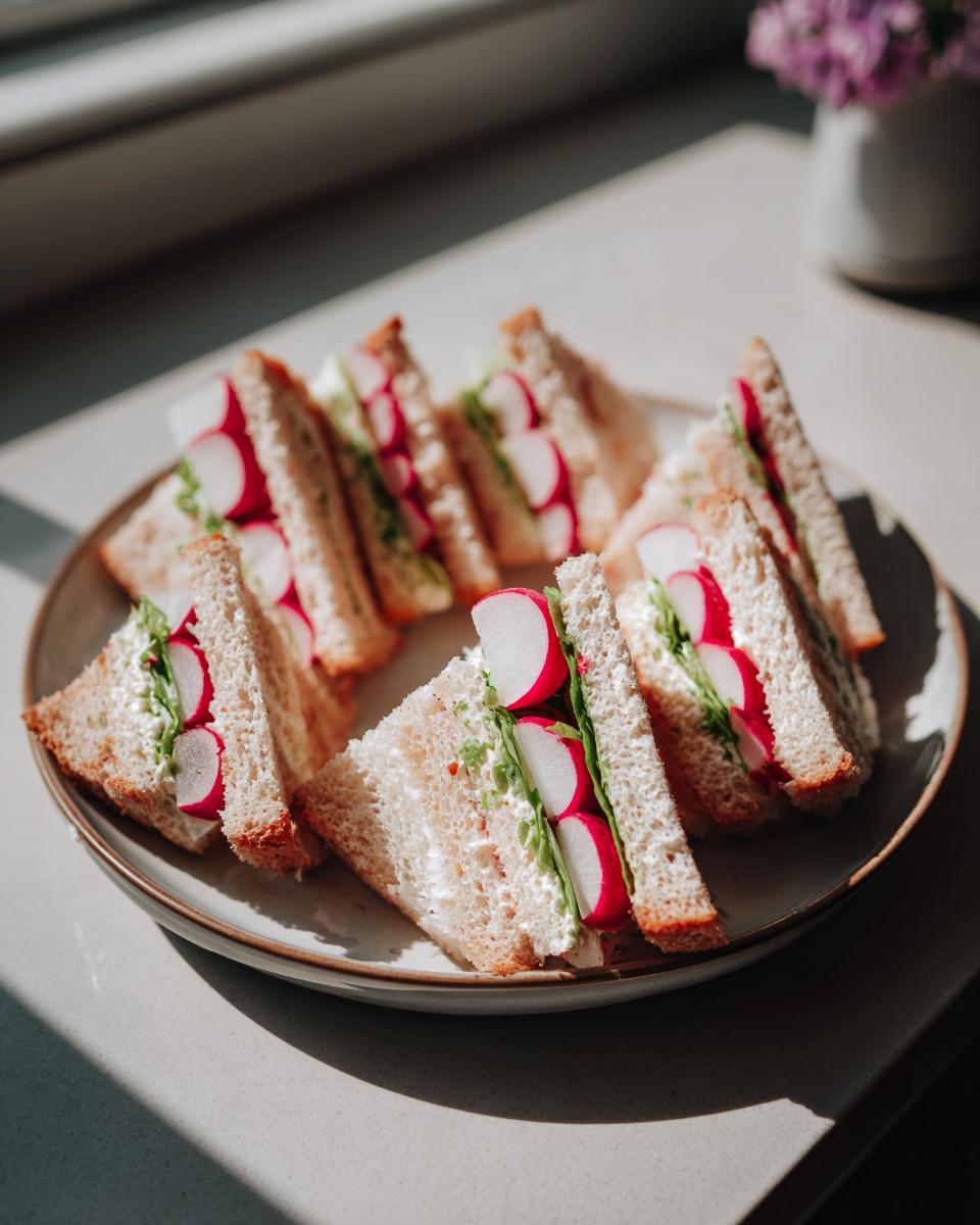 Overhead shot of Radish & Butter Tea Sandwiches arranged on a plate, with radishes and butter.